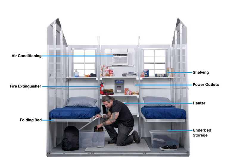 Each 64-square-foot Pallet shelter includes beds, heat and air conditioning, power outlets, shelving and storage. PALLET CO. PHOTO